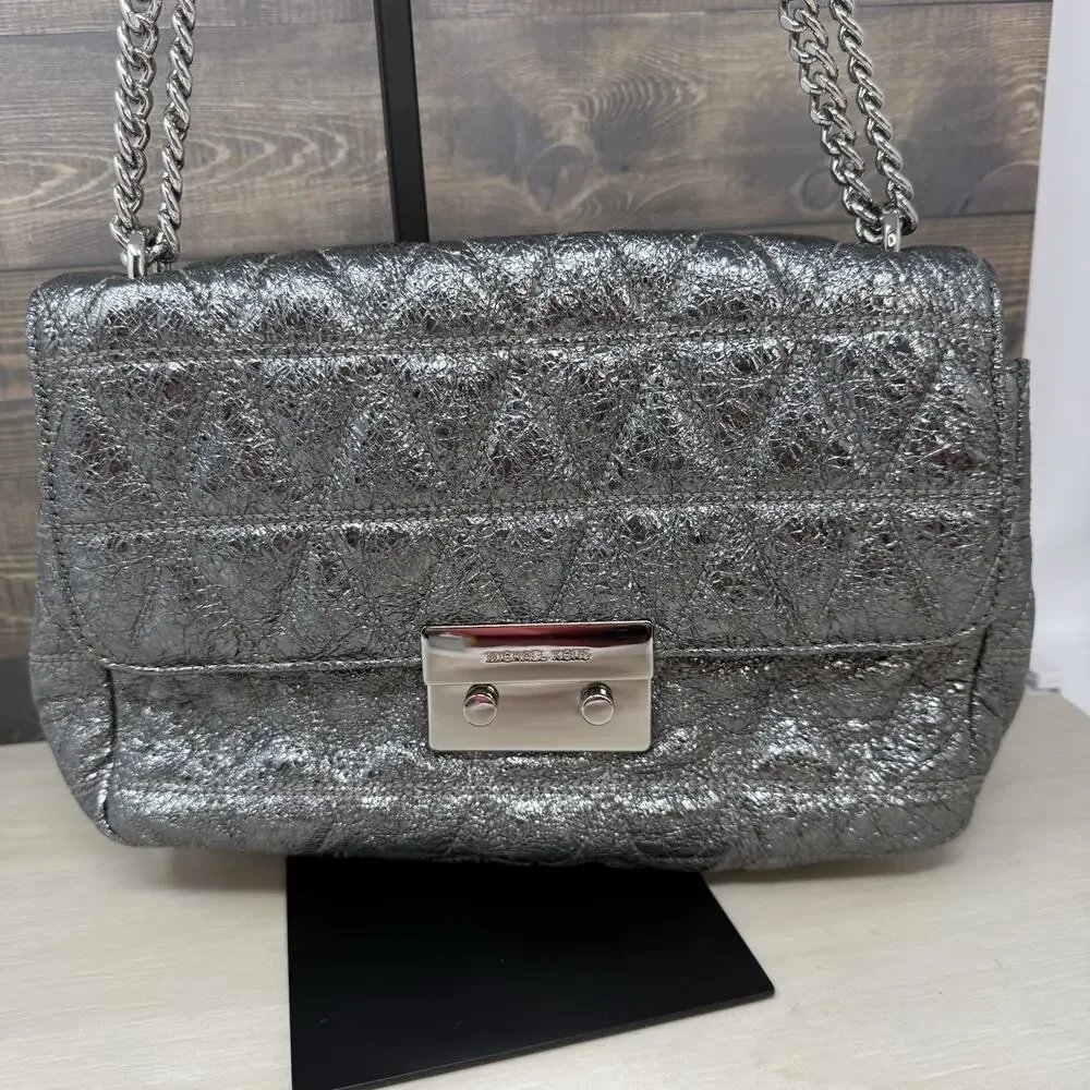 Michael Kors Quilted Sloan Metallic Silver Shoulder Bag Chain Strap